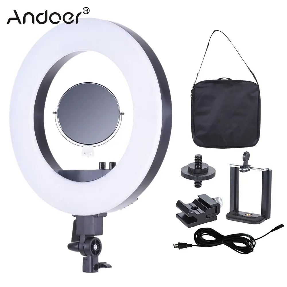 

Andoer CY-R50L 18" Studio LED Lamp Ring Light 3200K-5500K Photography Light with Make-up Mirror Smartphone Holder Cold Shoe Base