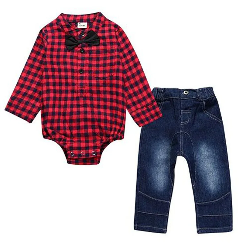 pretty baby boy clothes 2018 Long sleeve rompers with tie+jeans pants clothing set for 0-3Y children clothes kids outfits set