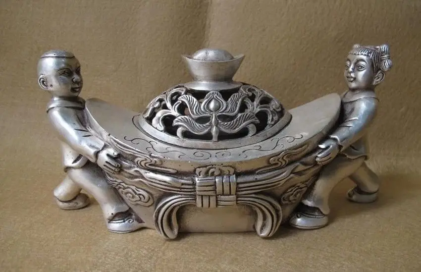 

Tibet Feng shui Silver Wealth Yuanbao Boy And Girl Incense Burner censer