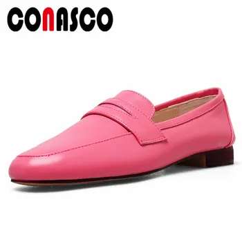 

CONASCO New Women Low Heels Brand Pumps Top Quality Genuine Leather Classic Brogue Shoes Female Round Toe Office Shoes Woman