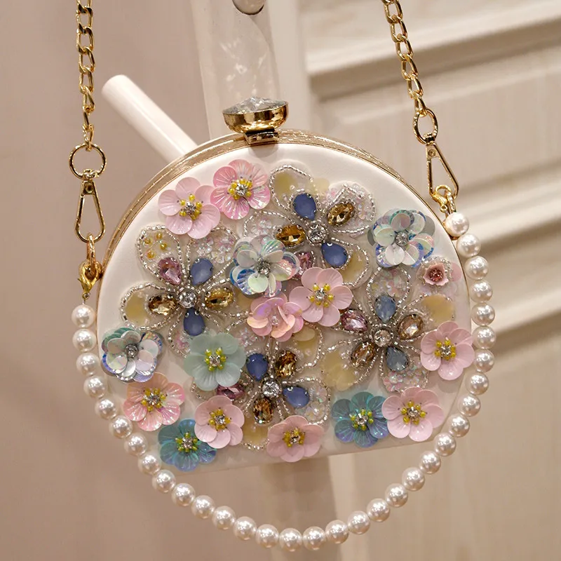 

Diamond-encrusted flower Handbags fashion Women Clutch Bags Pearl chain shoulder Messenger luxury Evening Round Bag customized