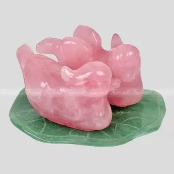 

1 Pair carved natural rose quartz mandarin duck on aventurine leaf figurine set