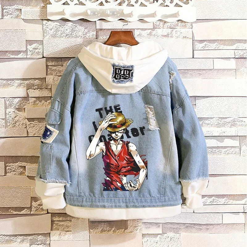 

New Arrival for Anime One Piece Luffy Design Loose Jeans Coat Unisex Hooded Denim Jacket Sweatshirt Fashion Men Women
