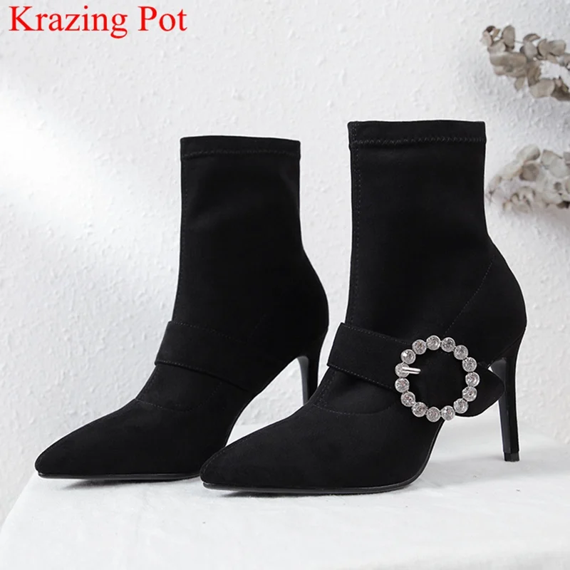 

new arrival flock pointed toe high heels women ankle boots solid nightclub strech boots elegant crystal warm winter shoes L0f2