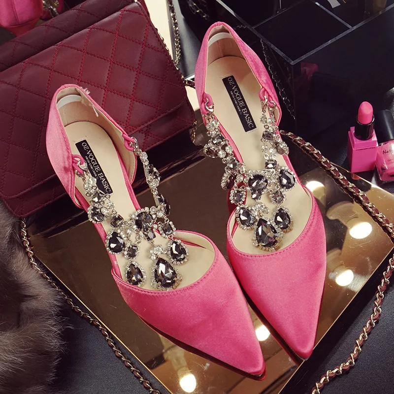 Fashion Genuine Leather Thin High Heels font b Women b font Pumps Sexy Rhinestone Pointed Toe