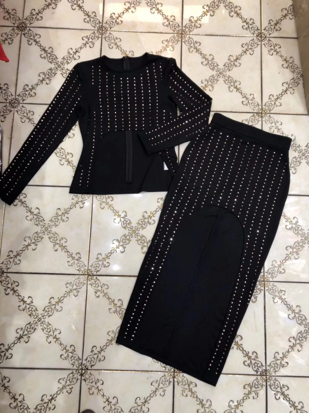 

New arrival beading sexy cut out 2 two piece women black o neck long sleeve 2018 elegant women bandage dress wholesale