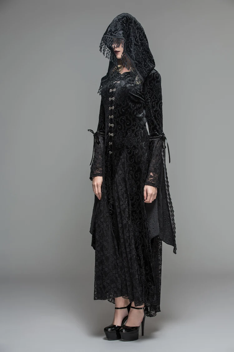 Дьявол, Готическая мода черный таинственный женский повседневное длинное пальто платье визуальный Kei костюм в стиле стимпанк с капюшоном кисточкой длинное пальто платье