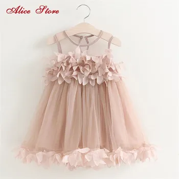 

Girls Dress 2018 New Summer Mesh Girls Clothes Pink Applique Princess Dress Children Summer Clothes Baby Girls Dress