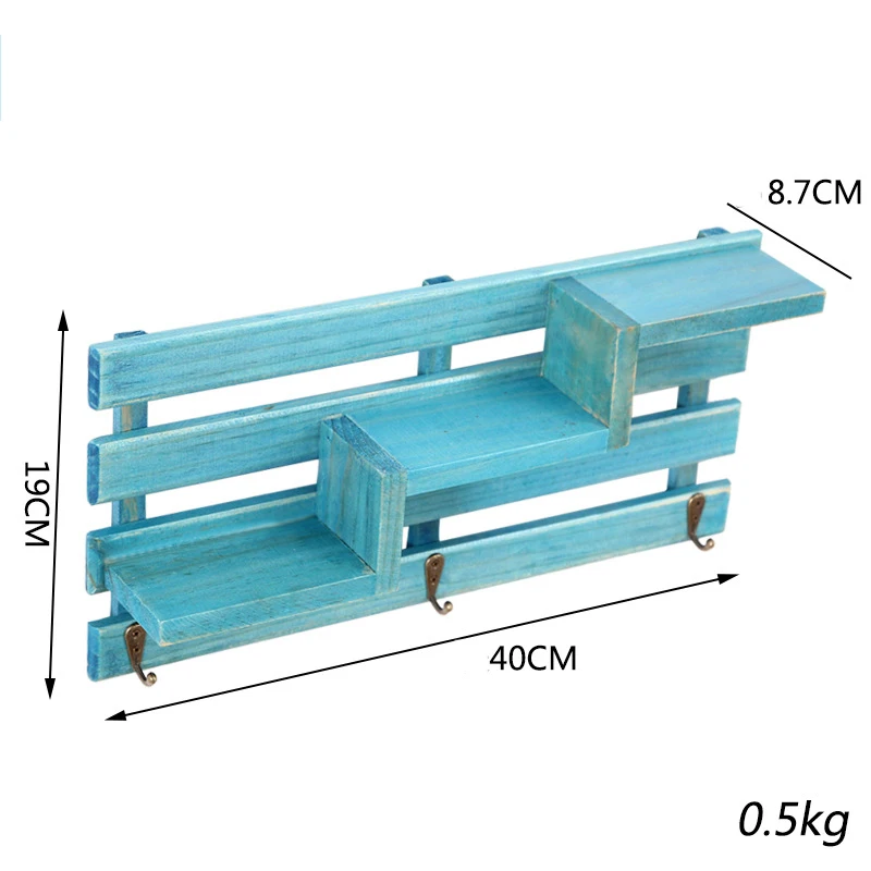 Винтажная деревянная полка держатель настенный трехслойный стеллаж для хранения с крючками для дома гостиной спальни украшения - Цвет: blue