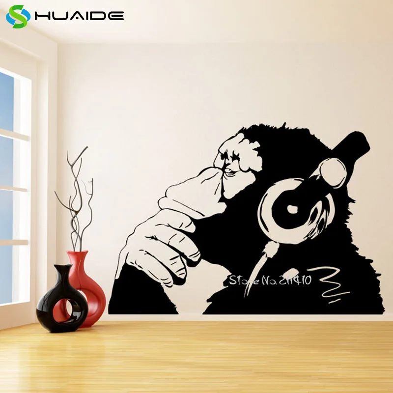 

Chimp Listening to Music in Earphones Wall Stickers For Living Room Refrigerator Funny Monkey With Headphones Wall Decal A629