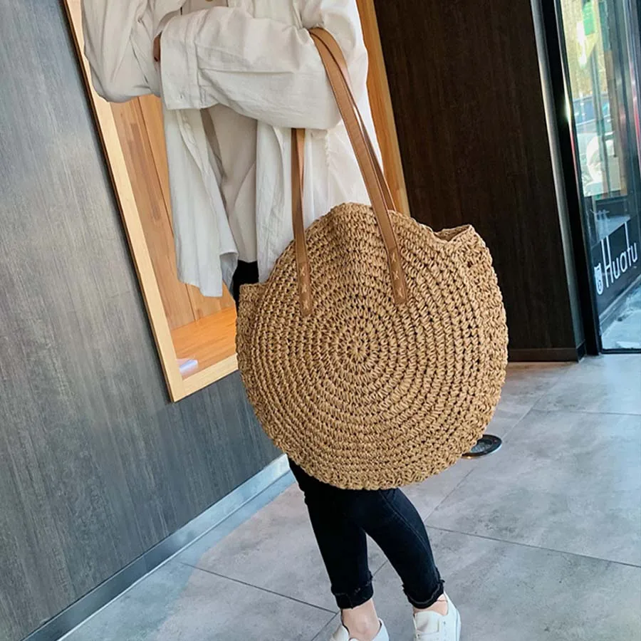  Casual Rattan Women Shoulder Bags Circle Straw Handbags Big Capacity Handmae Summer Totes Lady Roun - 33009003893