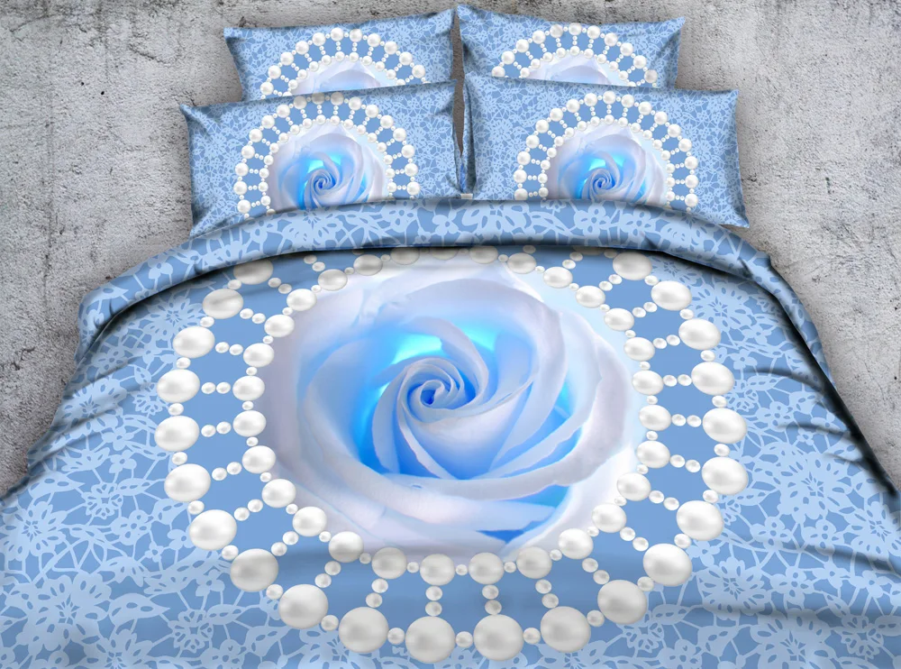 JF 333 pastel blue bed sheet set 4pcs blue rose and white pearls HD
