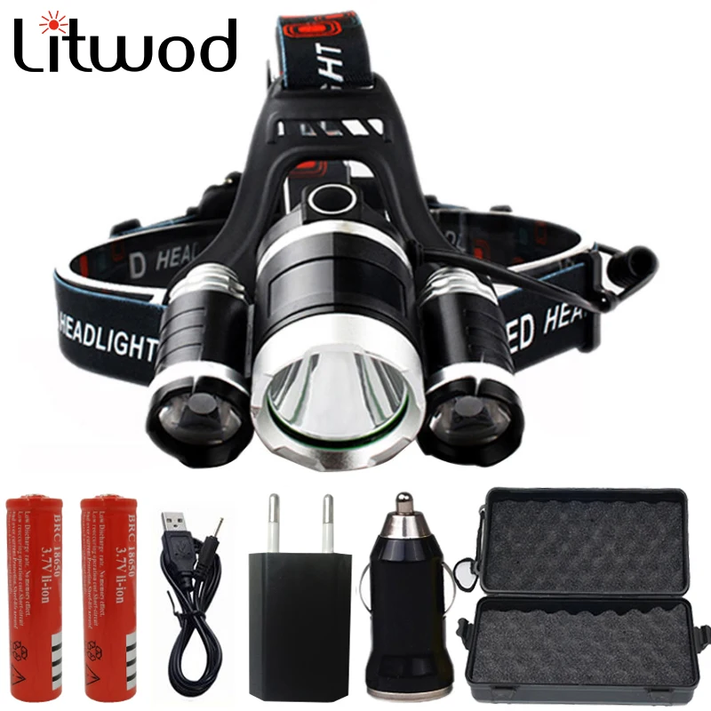 Z30 XM T6 3 LED Headlight ZOOM Flashlight Torch Camping Fishing Headlamp lantern +2* 18650 Battery +Car/AC/Charger+USB Cable