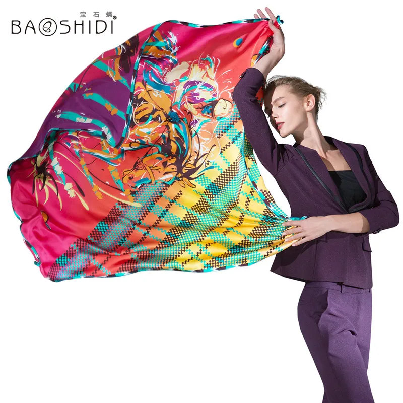 

100% Silk Cover Up, BAOSHIDI Luxury Brand original design, Pure Silk Women Square Pattern Scarf ,hand printing, hand rolled