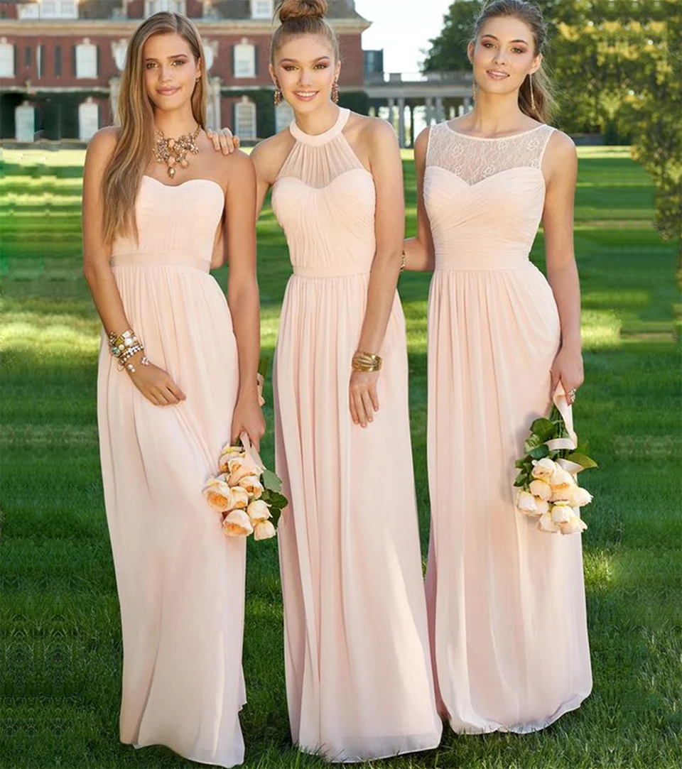 Elegant Long Light Pink Bridesmaid Dress 2016 Halter Pleat Chiffon