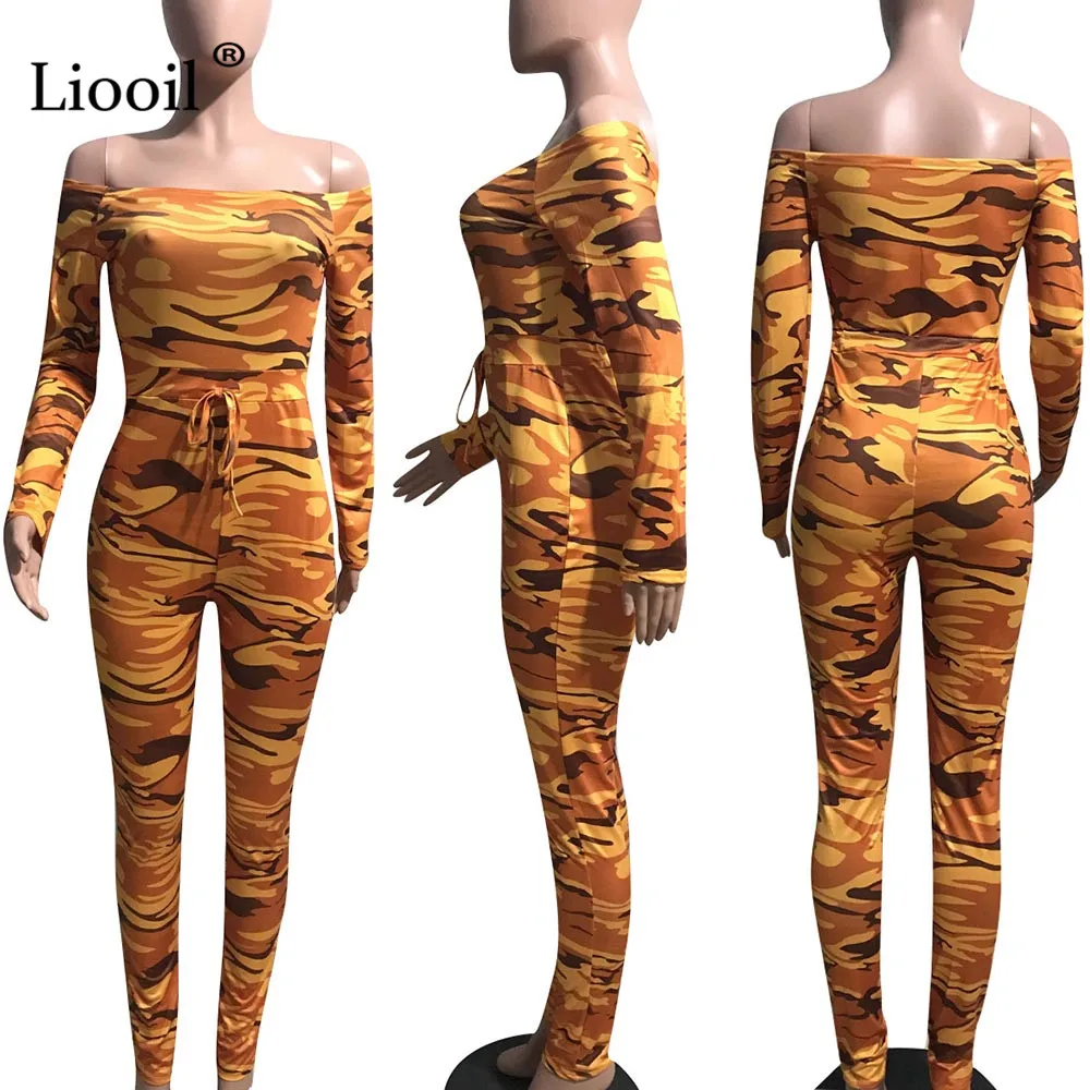 Liooil Camouflage Bodycon Sexy Sheer Jumpsuits For Women Club One Piece Outfits Off Shoulder Party Rompers Womens Jumpsuit