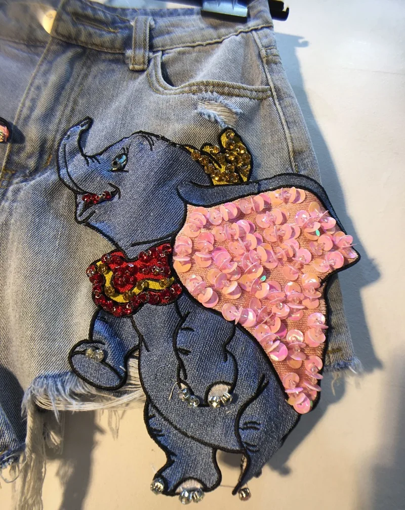 Cakucool New Summer Denim Shorts Heavy Beading Elephant Shiny Chic Shorts Empire Ripped Holes Slim High Waist Shorts Female