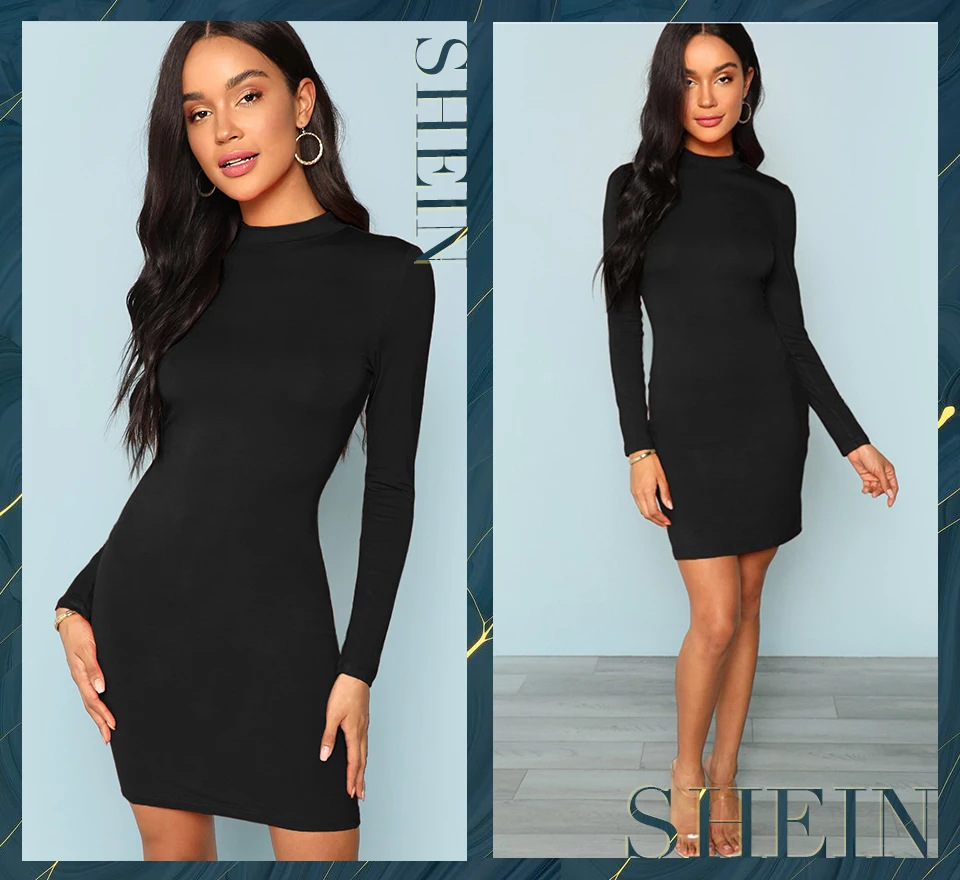 SHEIN Облегающее Платье С Длинным Рукавом, Черное Платье В Стиле Кэжуал