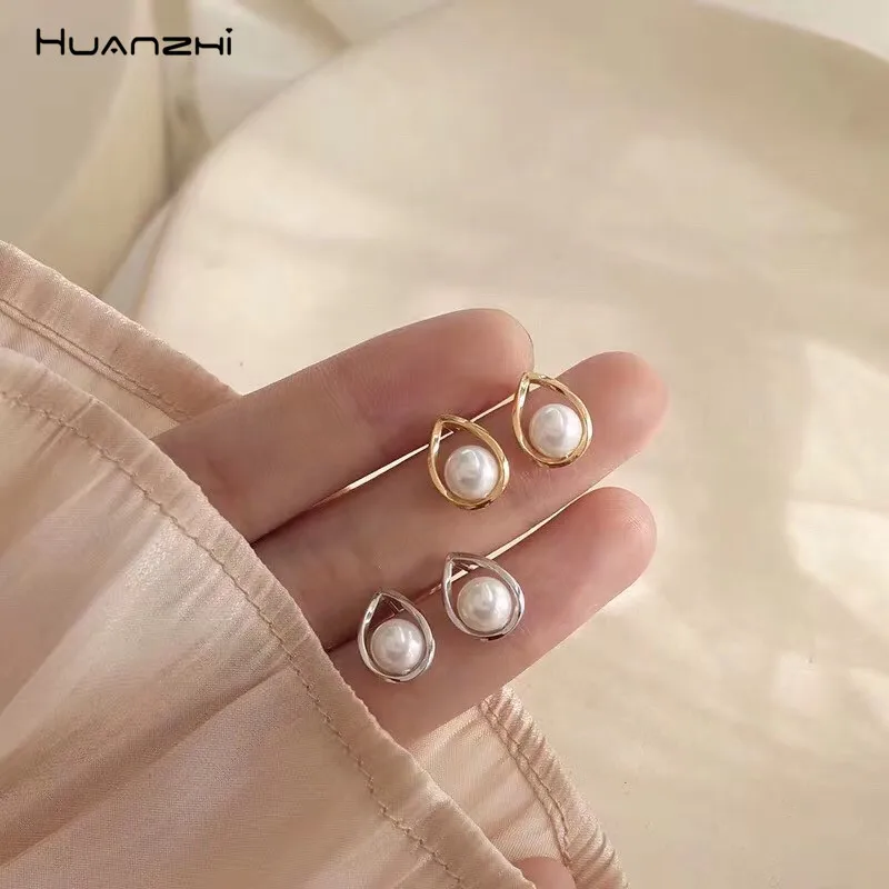 HUANZHI сплав S925 металлический искусственный жемчуг геометрические капли воды пустотелые серьги гвоздики для женщин девушек вечерние ювелирные изделия в подарок