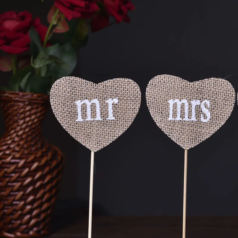 

1Pair Rustic classic MR MRS Cake Topper Natural Jute Burlap Hessian Vintage Wedding Decoration Birthday Party Decorative