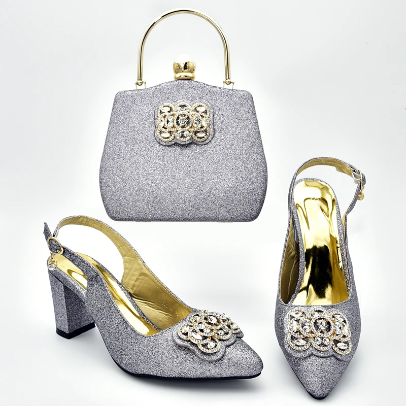 Новейший итальянский комплект из туфель и сумочки серебристого цвета, комплект из туфель и сумочки, вечерние женские свадебные туфли и сумочка высокого качества