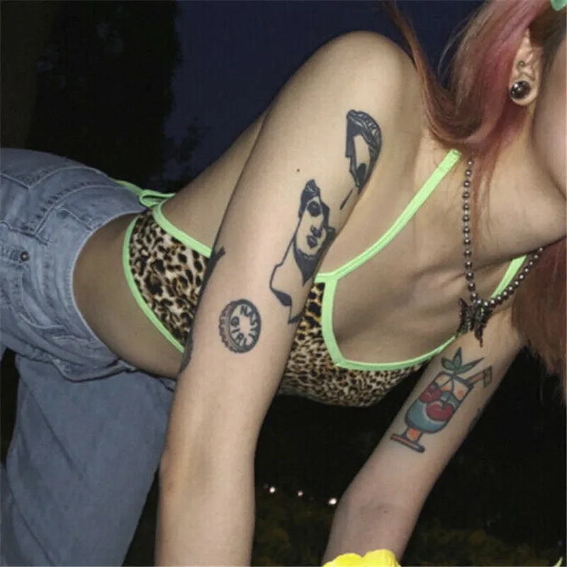 

Summer Women Halter Backless Fluorescent Green Straps Leopard Printed Crop Top Camis Sexy Female Tank Tee Shirt Party Club