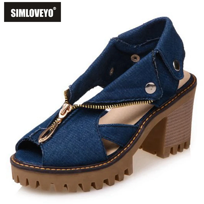 SIMLOVEYO The of denim with fish mouth women sandals high heels women's zipper large size non slip shoes QL1139
