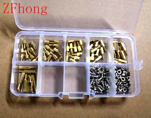 

180pcs M2*4/5/6/8/10/12+3 M2 Male Female Thread Brass Spacer Standoffs/ Screw /Hex Nut Assortment set Kits with Plastic Box