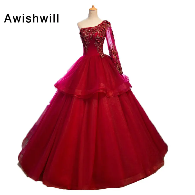 New Red Prom Dresses 2020 Ball Gown Floor Length Lace-up Back Appliques Beaded Tulle Evening Party Vestido de festa | Свадьбы и