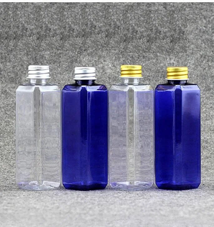 100 мл алюминиевая крышка синие пластиковые квадратные бутылки, прозрачная пластиковая бутылка оливкового масла, многоразового использования, пустые бутылки для хранения