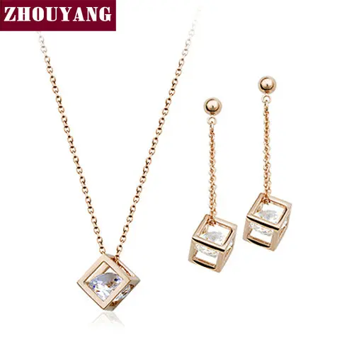 

Top Quality ZYS058 Crystal Cube Drop Rose Gold Color Jewelry Necklace Earrings Set Made with Austrian Crystals