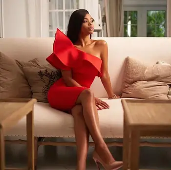 

New Top Quality Bandage Dress Women Red Celebrtiy Sexy Ruffles Sleeve Evening Party Fashion Bodycon Dresses