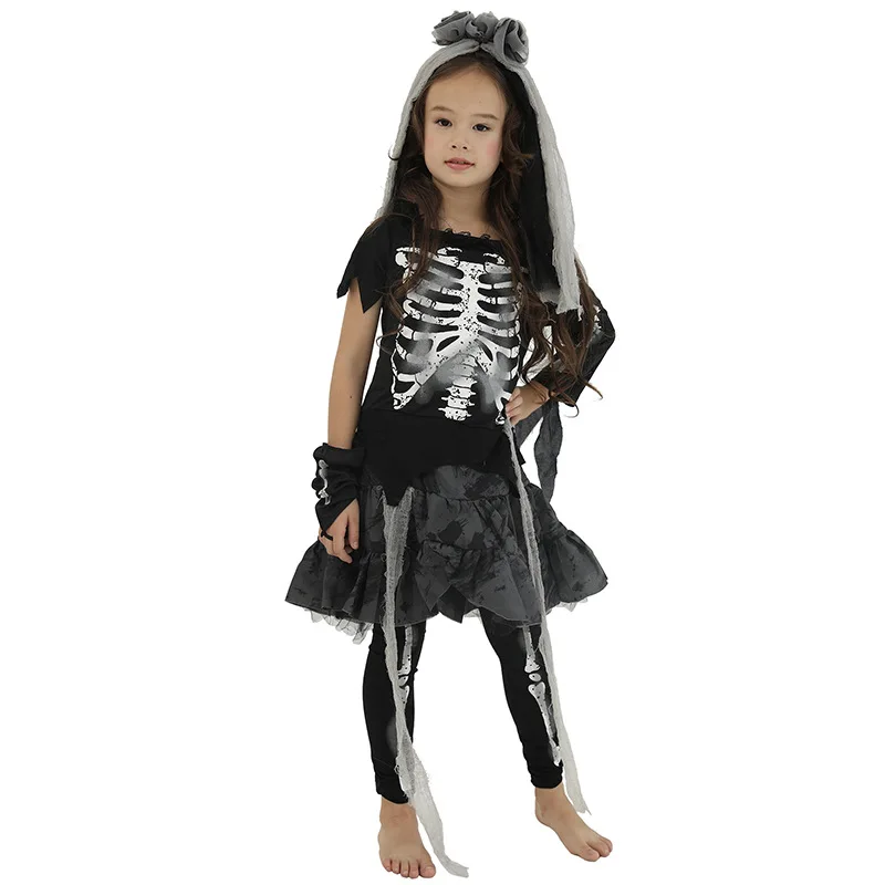 Костюмы на Хэллоуин для детей, костюм, платья для девочек, костюм невесты со скелетом, Детский костюм с костями, костюм для девочек, черный призрак, вампир, косплей