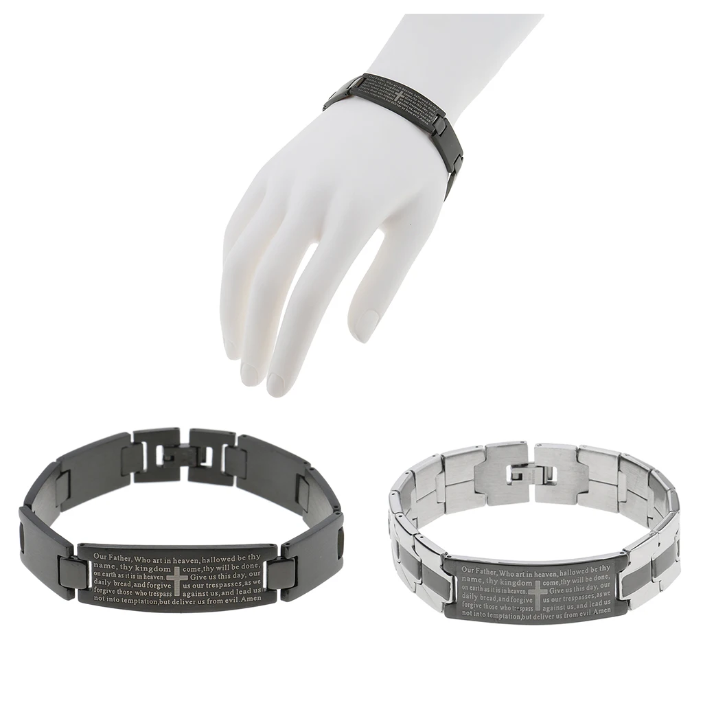 Men Women Charm Cuff Wristband Stainless Steel Bracelet with Engraved English Lord's Prayer Bible Cross Pattern 21x1.5cm
