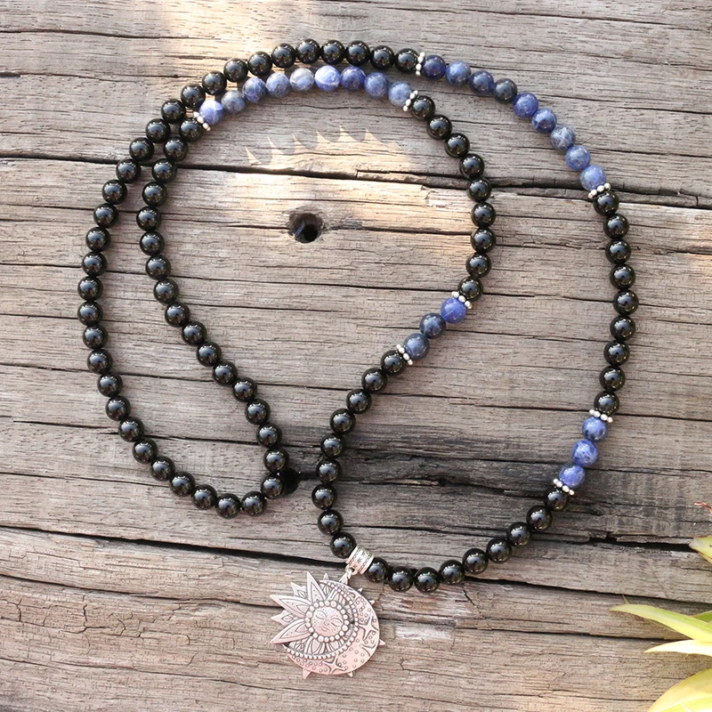 8mm Natural Stone Beads,Black Onyx,Sodalite,Sun And Moon,JapaMala Sets,Spiritual Jewelry,Meditation,Inspirational,108 Mala Beads