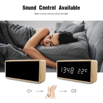 

Temperature Sounds Control Desktop Clock With Digital Watch Electronic LED Clocks Despertador Bamboo Wooden Mirror Alarm Clocks
