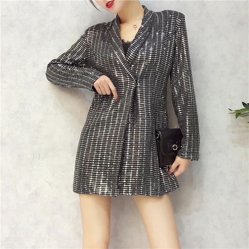 New Fashion 2018 Designer Black Blazers Solid Women Long Sleeve Bling Sequined Long Blazer Outwear