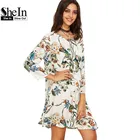 Save 9.14 on SheIn Boho Casual Straight Dresses For Women White Tropical Floral Print Round Neck Long Sleeve Swing Short Dress