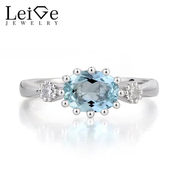 

Leige Jewelry Promise Ring Natural Aquamarine Ring March Birthstone Oval Cut Blue Gems Sterling Silver Ring Three Stones Ring