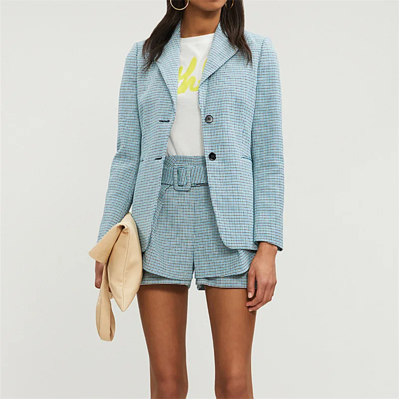 

New Arrival Women Blue Plaid Blazer England Style Plaid Slim Suit Coat Top