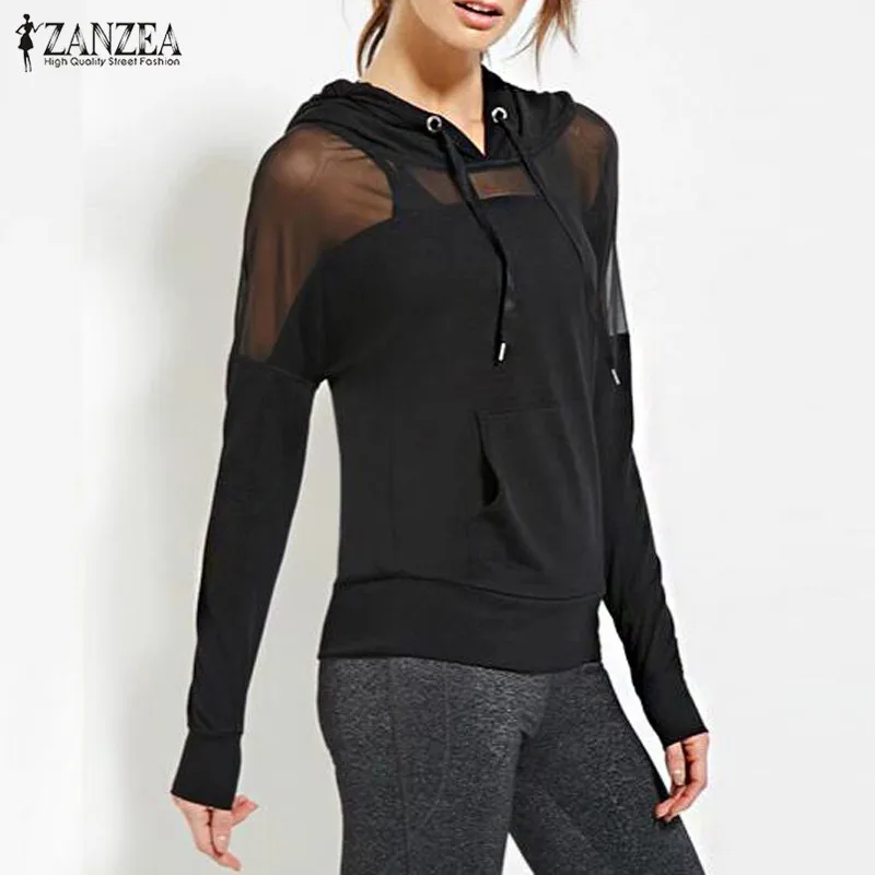 

New Arrival Women Sweatshirt 2019 Autumn ZANZEA Hoodies Sexy Mesh See Through Hooded Blusas Long Sleeve Patchwork Casual Tops