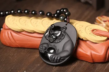 

Free Drop Shipping Tiger Head Jewelry Adjustable Length Precious Black Obsidian Stone Carved Tiger Totem Necklace