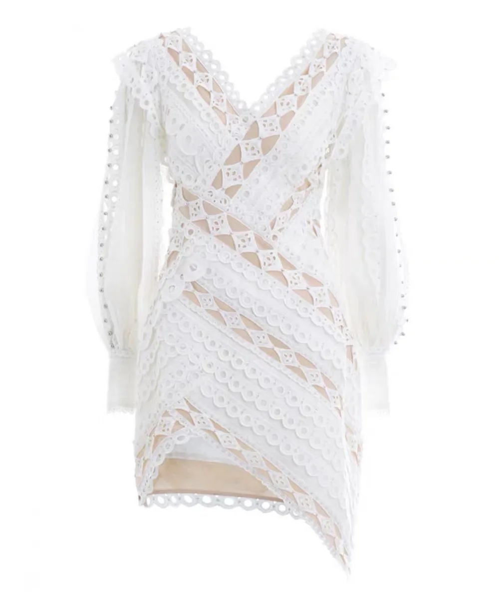 Designer Runway Dress 2019 Summer Women Long Sleeve Hollow Out Irregular Mid-Calf Lace Dress (3)