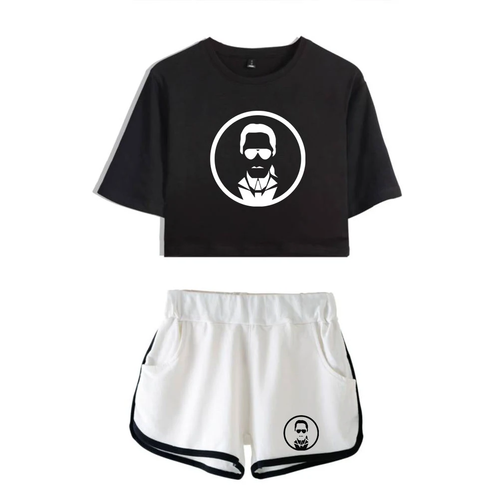 

LUCKYFRIDAY 2019 Karl Lagerfeld Two-Piece Summer Cotton Print T-Shirt Women's Suit Shorts Crop Karl Fashion Top + Shorts XS-2XL