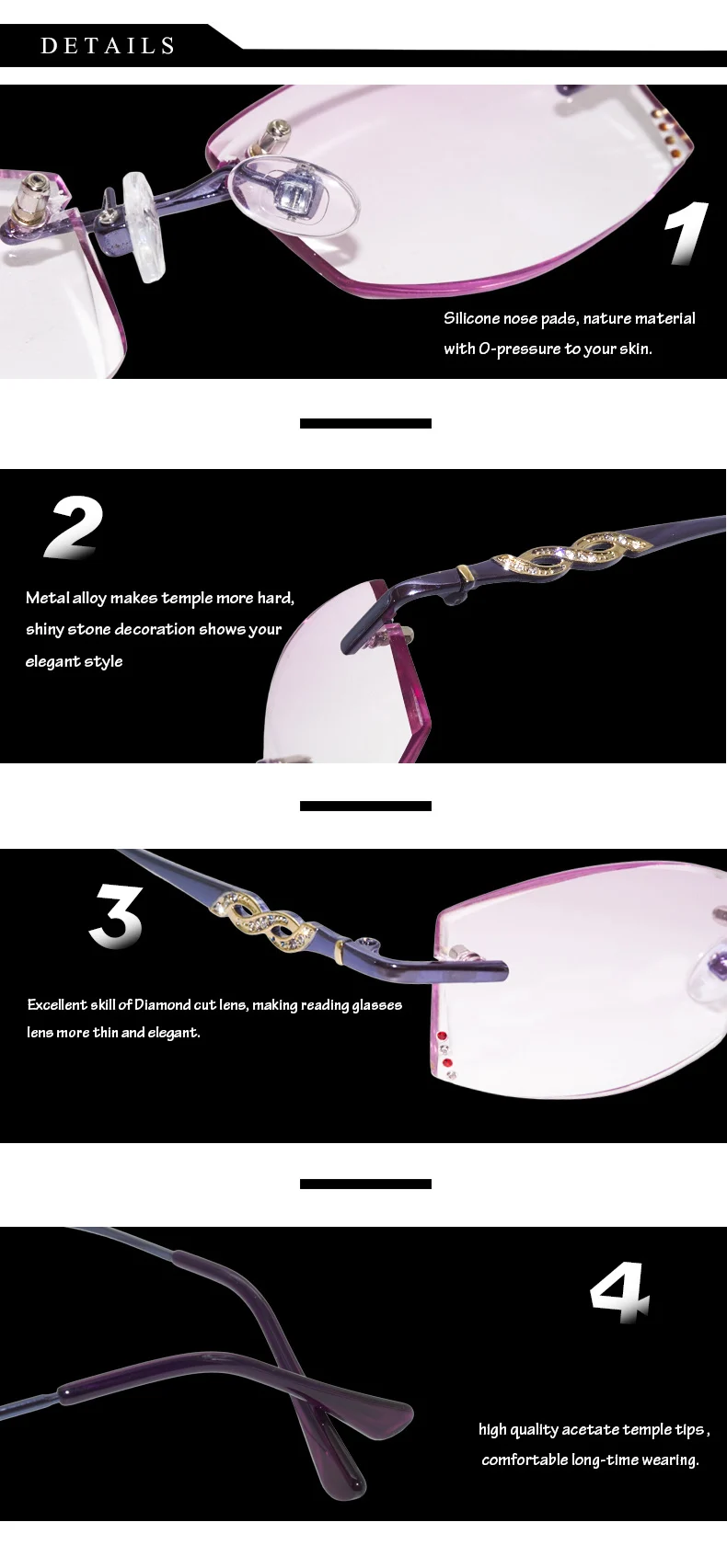 new power lens stainless steel gafa metal high quality rimless diamond cut trimming reading glasses women