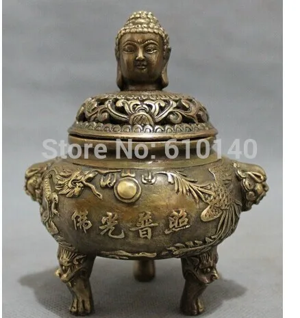 

Tibet Bronze Dragon Phoenix Lion Shakyamuni Head Statue Incense Burner Censer