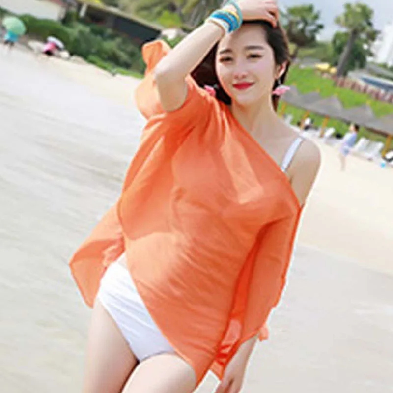 Women Summer Portable Beach Pareo Solid Cover Up Chiffon Scarf Wrap Sarong mujer Bikini Wear Accessories Traveling Tools