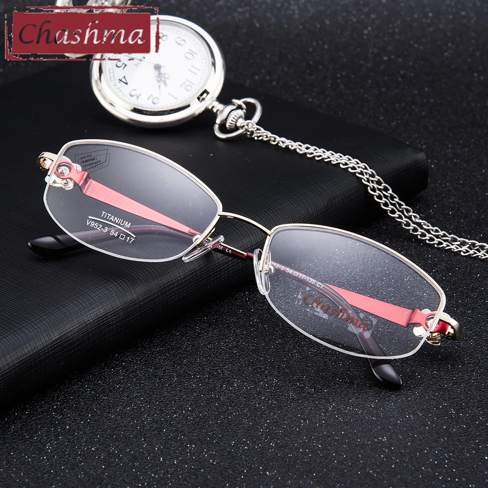 Женские титановые очки Chashma брендовые в полуоправе из чистого титана с камнями