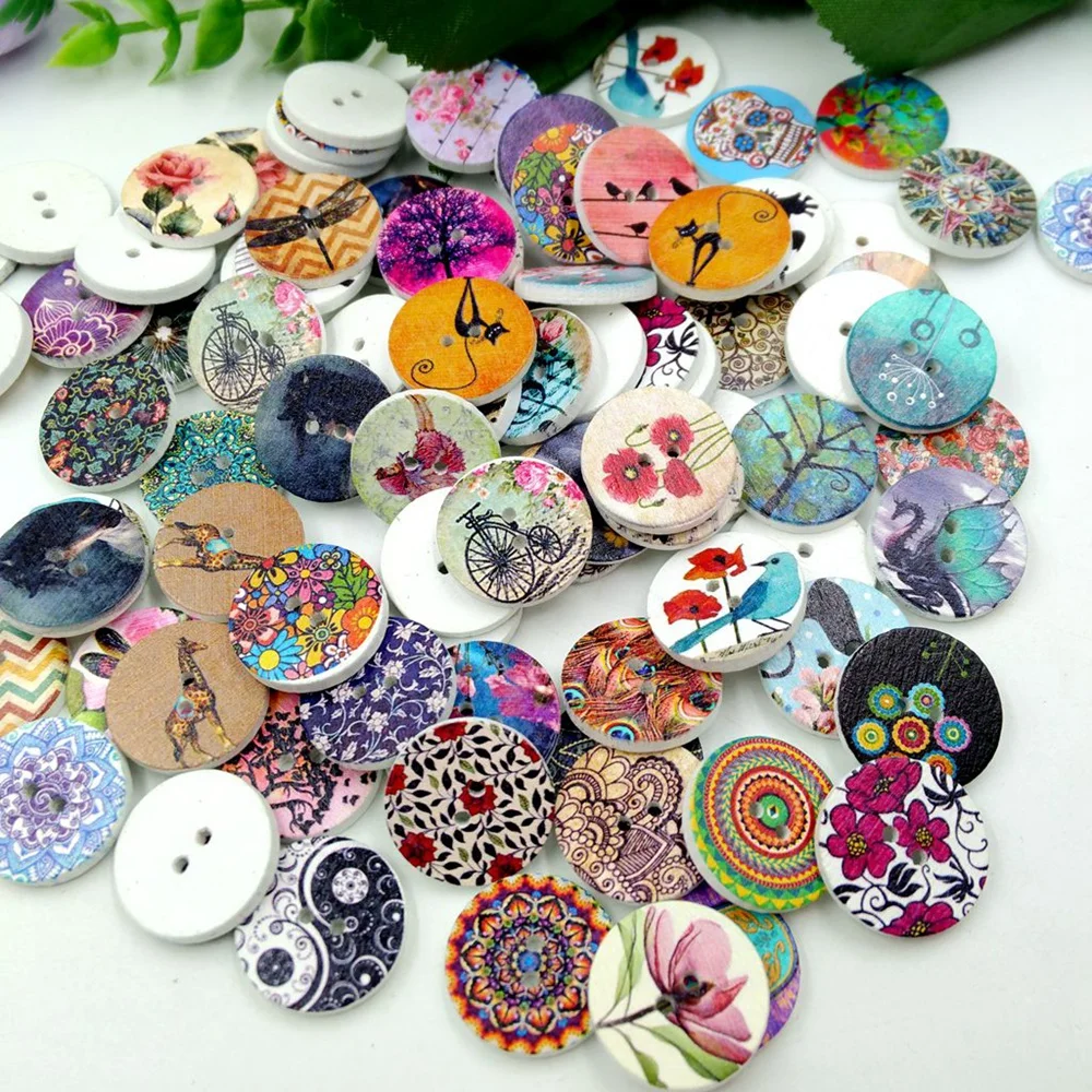 

100pcs/lot Vintage Wooden White Printed Round Buttons Flowers Sewing 20mm Sew On Button Handmade DIY Scrapbooking KYY8257