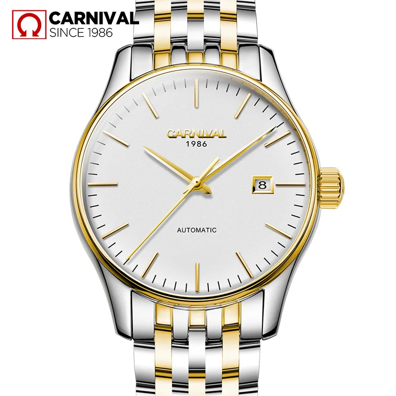 Carnival font b Watch b font Men Automatic Mechanical Luminous Stainless Steel Waterproof Date Gold White
